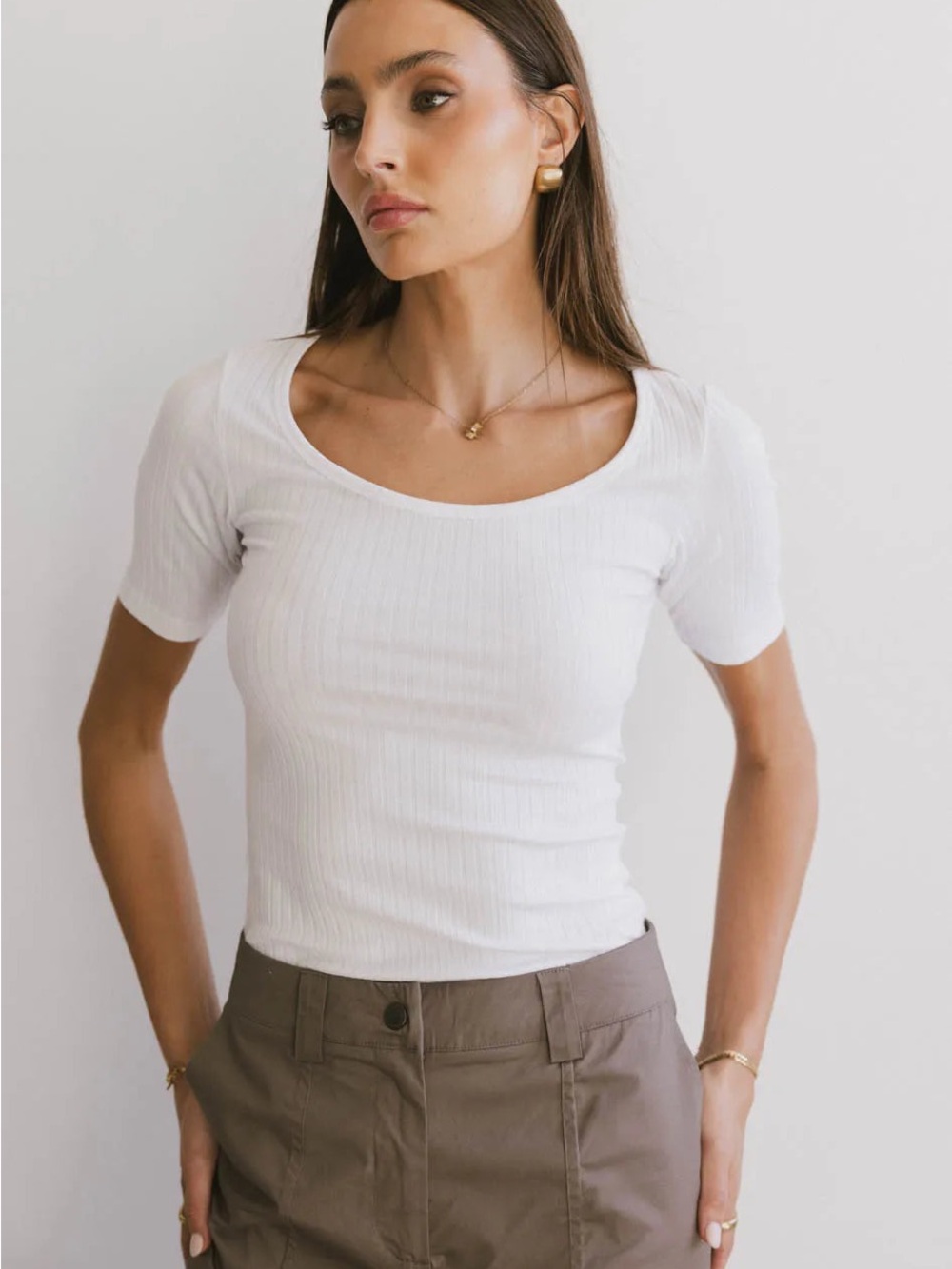 Frank & Oak White Ribbed Scoop Neck Short Sleeve Tee
